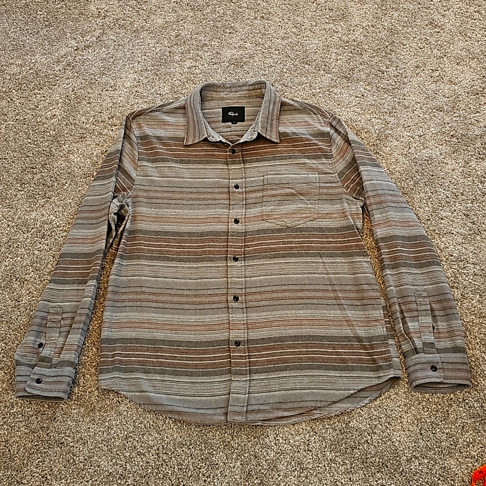 Rails men's flannel shirt. Olive tones w/rust stripe. Size L.